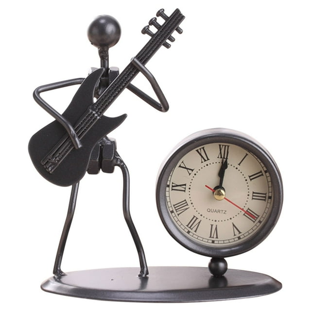Horloge de Bureau en Fer Inoxydable Créative Petite Horloge Rétro Cadeau d'Anniversaire Horloge de Table en Fer avec Instruments de Musique Gadgets Décoration Artisanat