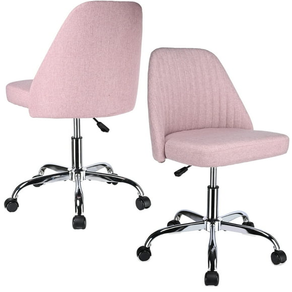 Armless Linen Fabric Task Chair, Mid-Back Comfortable Home Office Chair with Height Adjustable, Modern Cute Upholstered Makeup Chair for Meeting Bedroom Studying Vanity Room, Pink