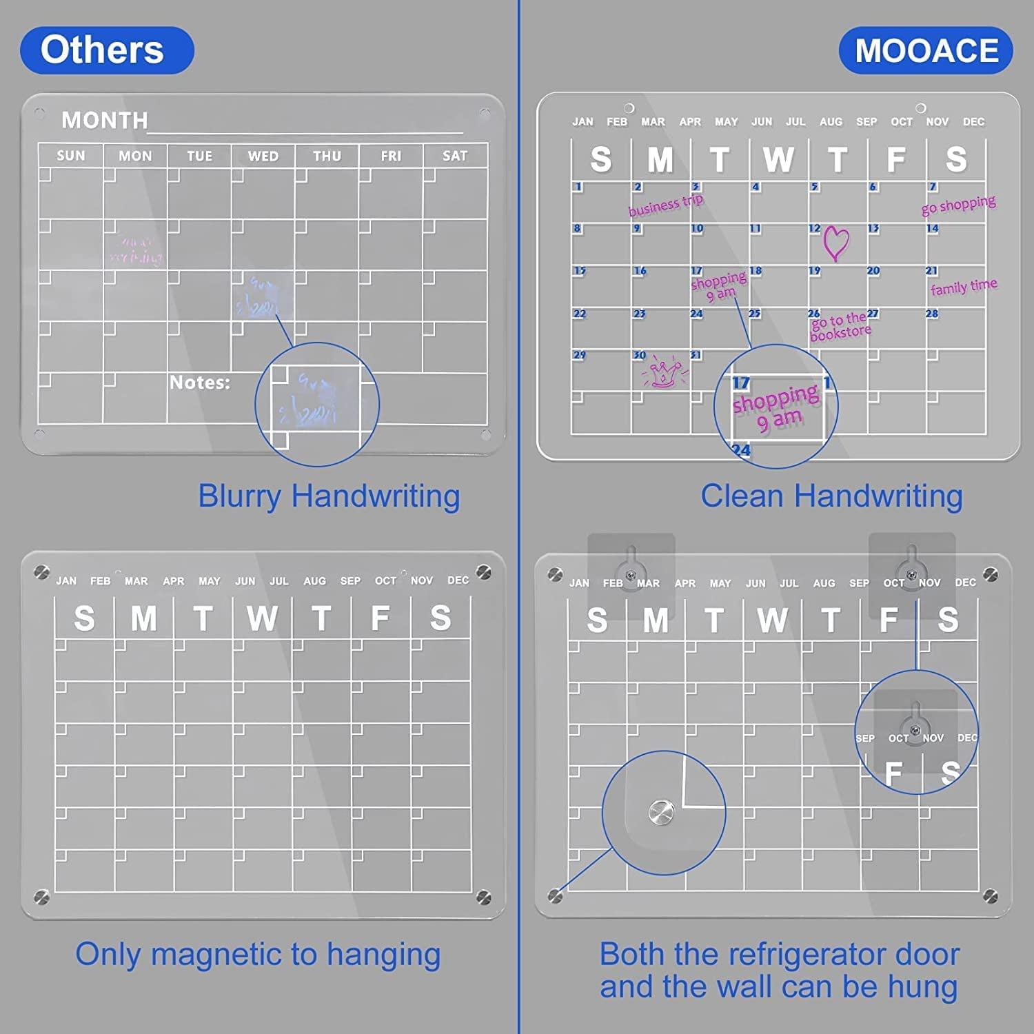 Monthly Planner Acrylic Magnetic Dry Erase Board, Adhesive Board with 6 Pens