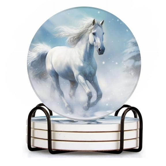 BaHomeck Drink Coasters Set of 4 with Holder white horse running through snowy winter forest Water Absorbent Ceramic Coasters Tabletop Protection,Suitable for Various Cup ,Home Decor