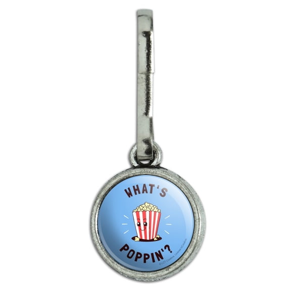What's Poppin Popping Happening Popcorn Funny Humor Antiqued Charm Clothes Purse Suitcase Backpack Zipper Pull Aid