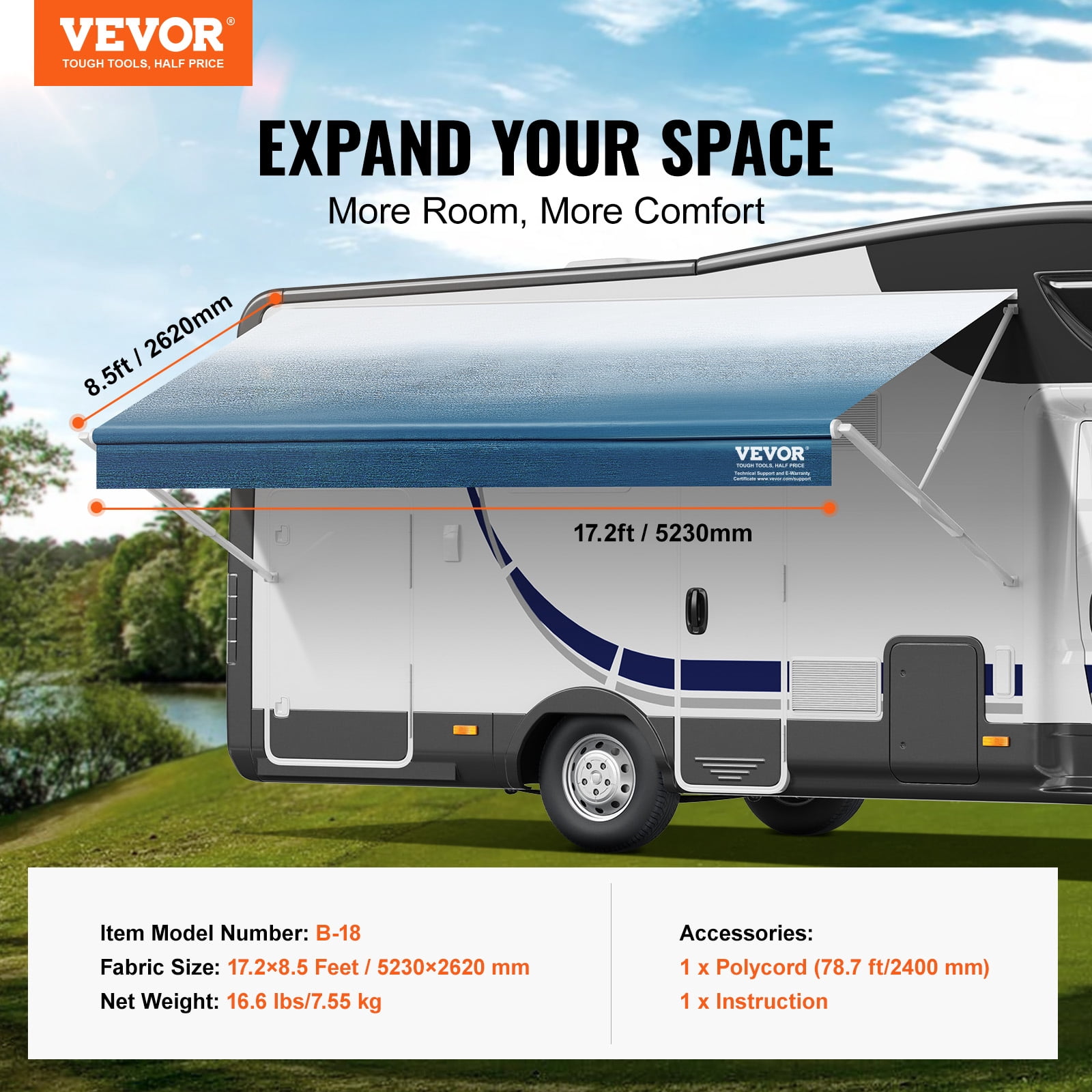 KFFKFF RV Awning Fabric Replacement (17'2" Fabric) 18' 16oz PVC Fabric Waterproof