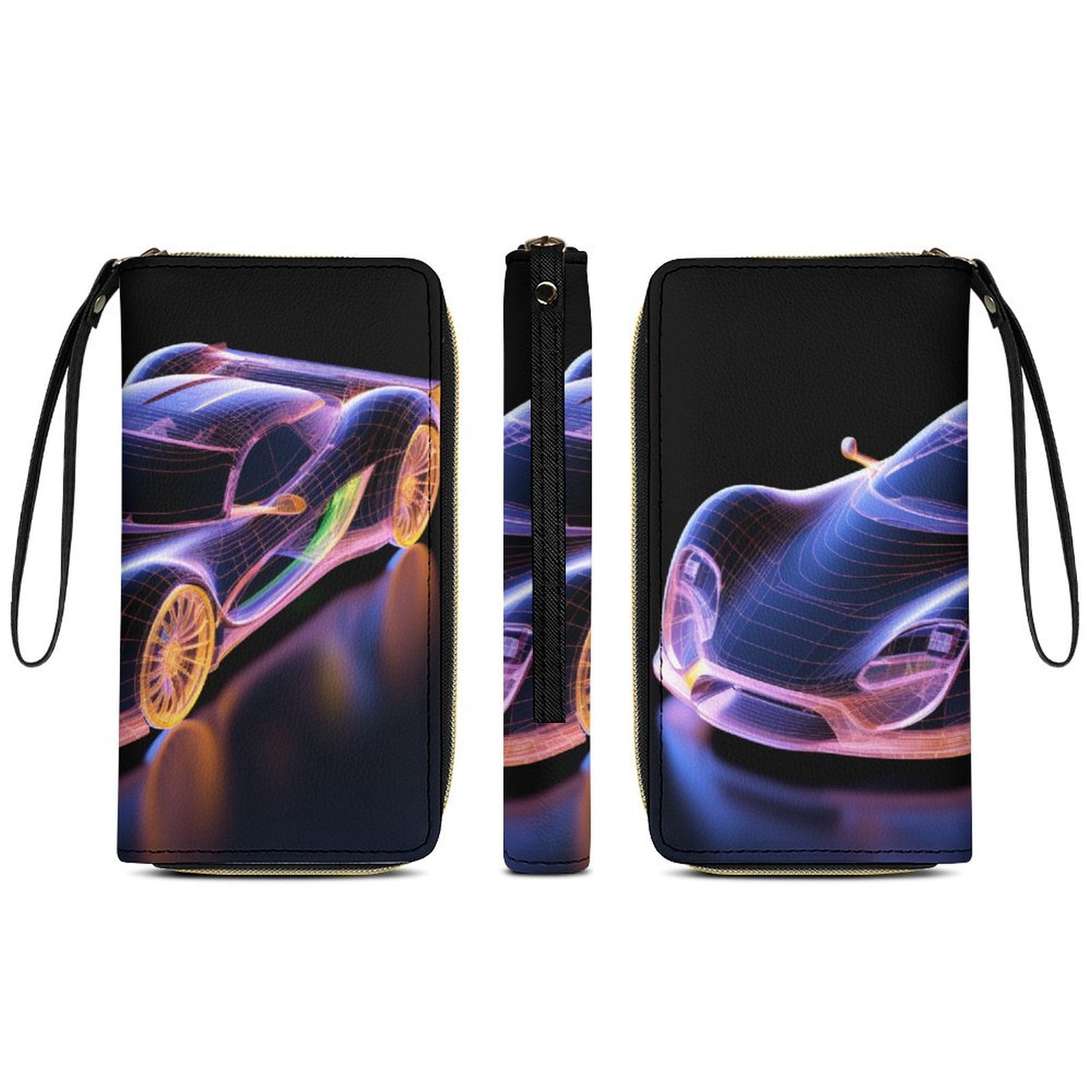 Womens Wallet Bifold Ladies Cluth Bag Wristlet Wrist Strap Long Purse Race Car Hologram Design