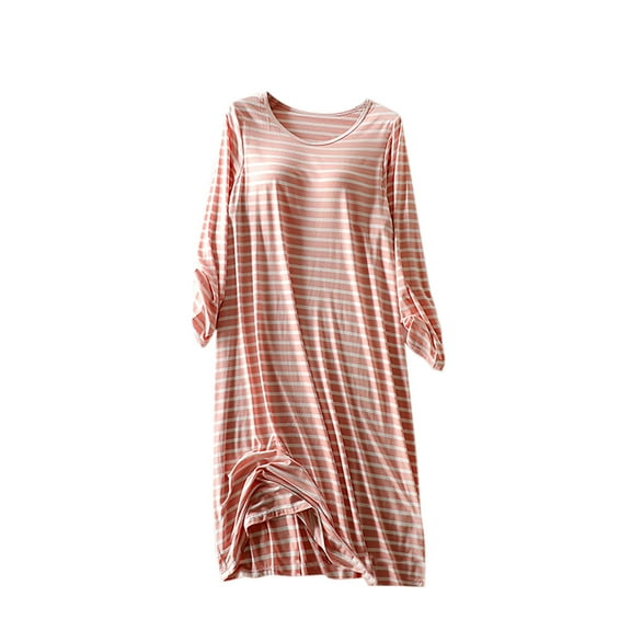 JIUKE Womens Striped Nightgowns Long Sleeve Round Neck Midi T-Shirts Nightdress Soft Sleepwear with Built in Bra