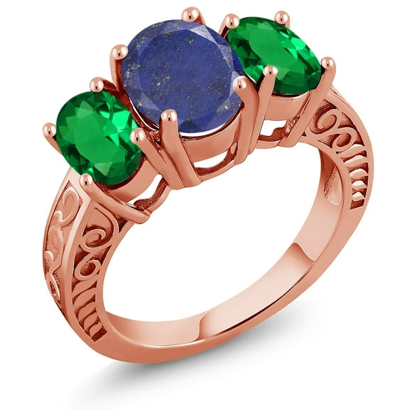 Gem Stone King 3.20 Ct Oval Blue Lapis Green Nano Emerald 18K Rose Gold Plated Silver Ring (Size 7)
