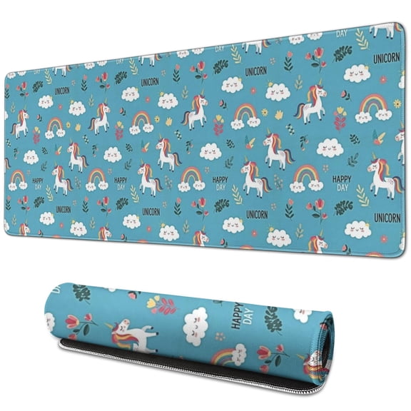 Long Mouse Pads for Desk,Blue Cartoon Unicorn Rainbow Desk Mats on Top Of Desks, Desk Mouse Pad Extra Large with 3mm Non-Slip Base and Stitched Edge for Gaming,Office,Work,Home 31.5"x11.8"
