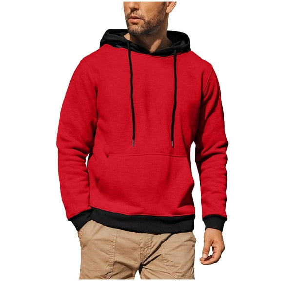 SGFCWSX Mens Hooded Sweatshirt Men Fleece Regular Color Block Casual Pullover Hoodie Red Size XL
