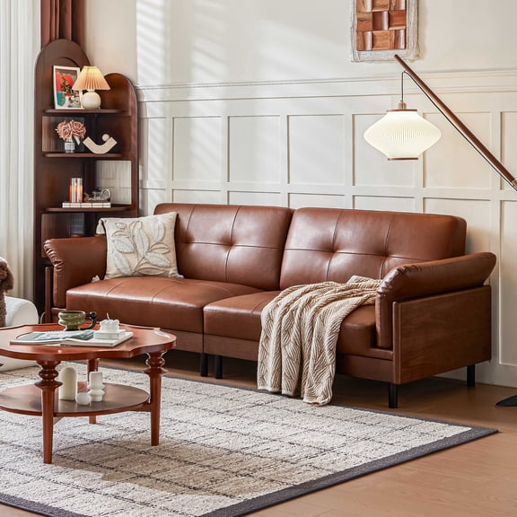 ATJafurn 90.6-inch Leather Sofa with Pillow Top Arms, Mid-century Modern Brown Tufted Couch with Deep Seat for Living Room Home Office