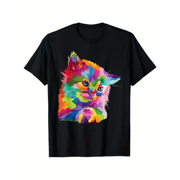 Rainbow Kitten Colorful Cat Mosaic Portrait T-Shirt - 100% Cotton Black  S-5XL T-Shirt 100 Percent Cotton 180g Crew Neck Top Vibrant Colorful Design Unisex Casual Streetwear Machine Washable Holidays