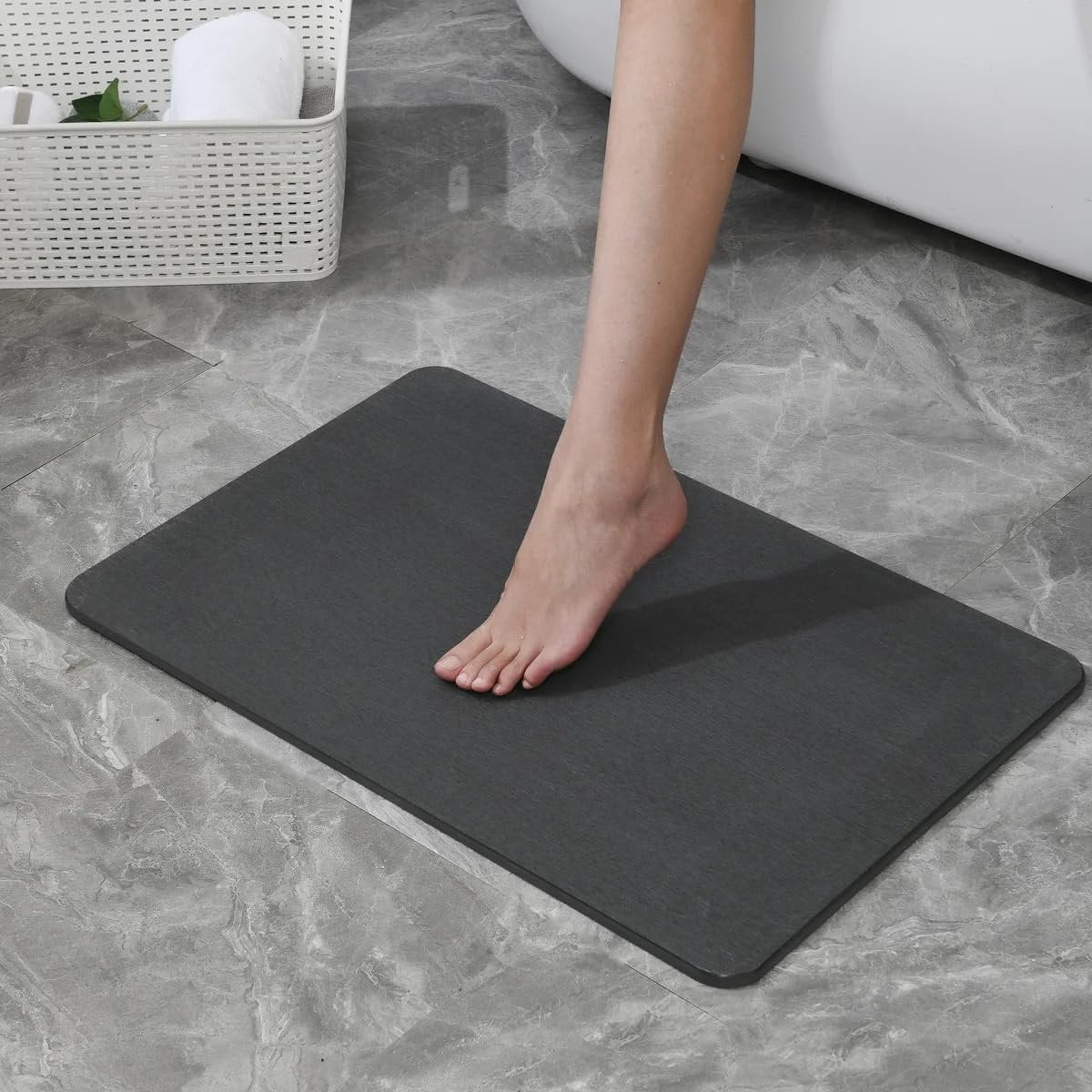 J&V TEXTILES Stone Bath Mat Diatomaceous Earth Shower Mat Non-Slip Super Absorbent Diatomite Stone Mats for Bathroom Floor Quick-Drying Easy to Clean 24''15'' Grey Matte Black