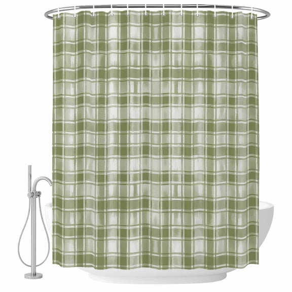 Polyester Fabric Sage Green Plaid Shower Curtain, Modern Art Checkered Farmhouse Waterproof Bathtub Curtain Bathroom Decor Set with Hooks 72 x 78 Inches
