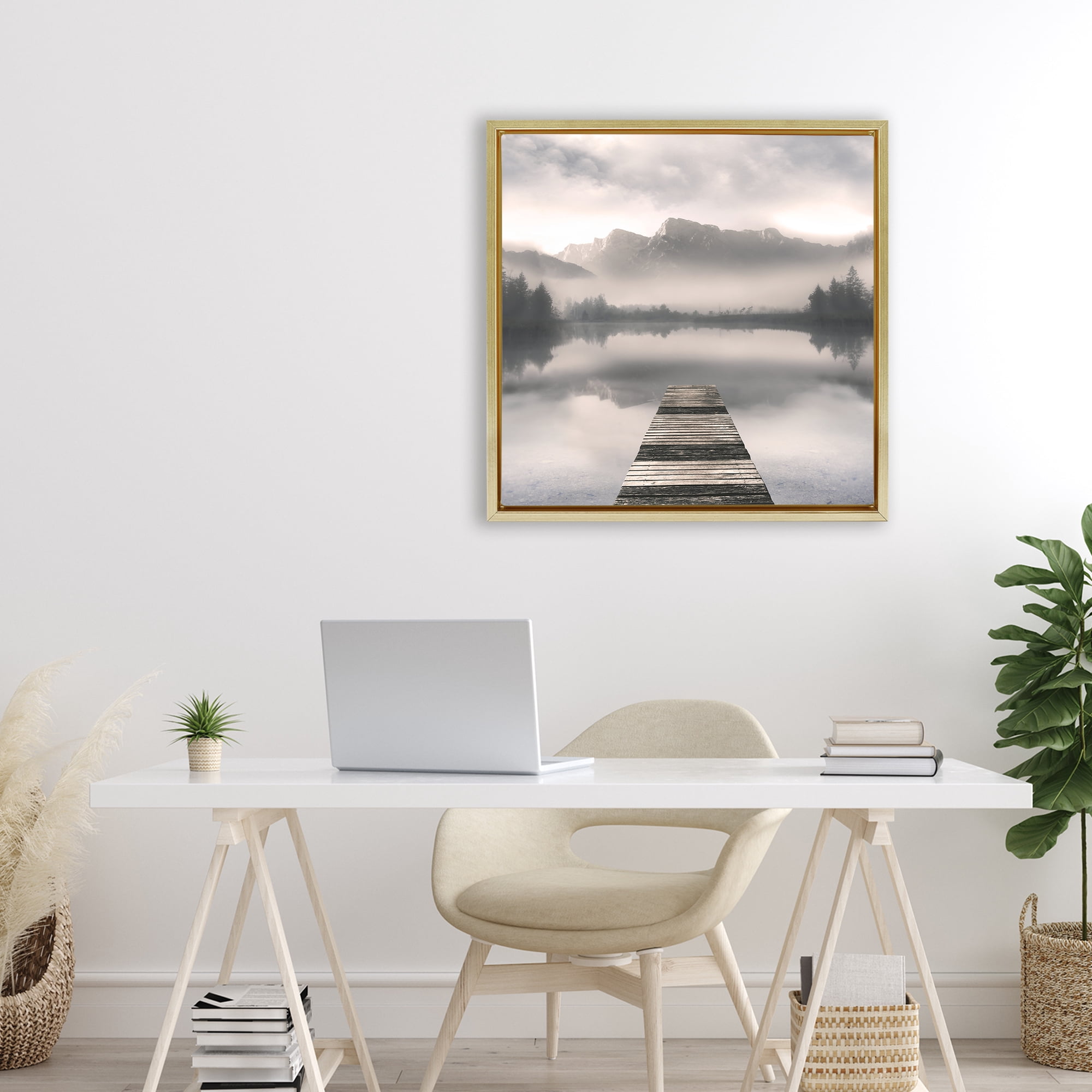 Stupell Industries Calm Reflective Waters & Mountains Gold Framed Floater Canvas Wall Art, design by Irene Weisz