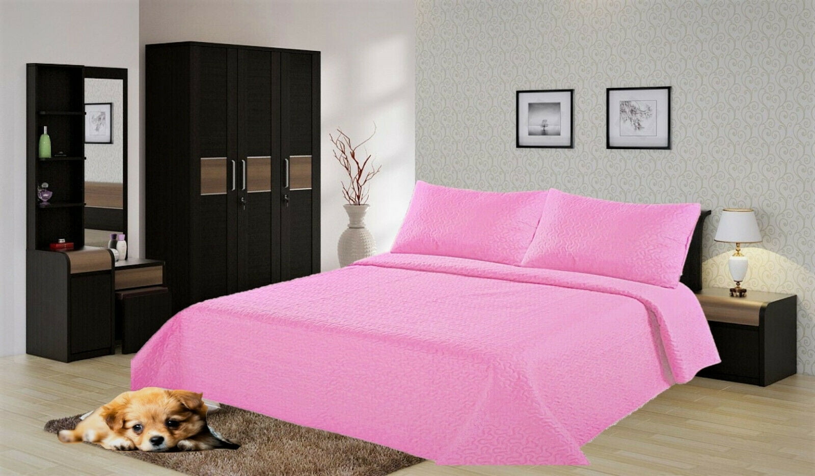2/3PC HOT PINK NENA BEDSPREAD QUILT SET COVERLET STIPPLING STITCHE IN 4 SIZES 