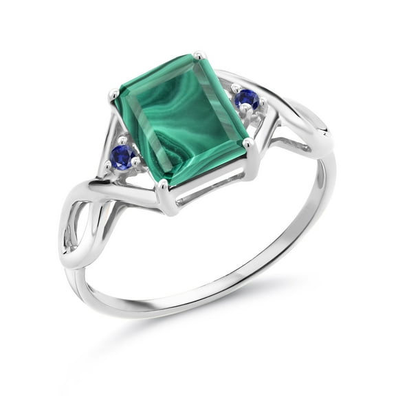 Gem Stone King 925 Sterling Silver Green Malachite and Blue Created Sapphire Engagement Ring for Women (3.59 Cttw, Emerald Cut 9X7MM, Gemstone Birthstone, Size 7)