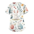thumbnail image 3 of Bunny Printed Easter Scrubs for Women, Cute Stretch Short Sleeve V-Neck Nurse Tops, Working Uniform Nursing Top with Pockets, Plus sized Easter Themed T-shirts for Womens 01-White L, 3 of 5