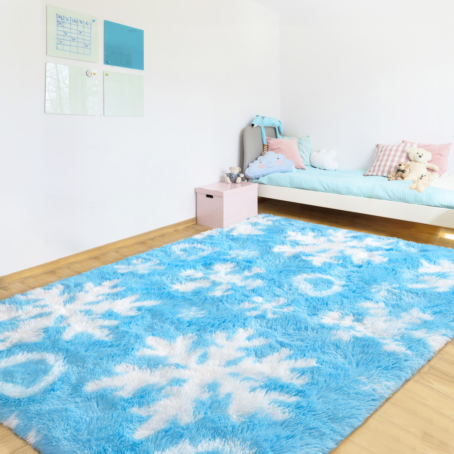 KIXINWA Frozen Princess Rugs for Living Room, 4x6 Feet Fluffy Shaggy Snowflake Rug for Girls BedRoom, Plush Fuzzy Super Soft Carpet for Kids Room Home Decor, Upgraded Non Slip Bottom, Blue Frozen Rug