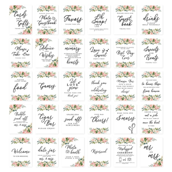Koyal Wholesale Peach Coral Floral Garden Wedding Signs Bundle 30 Set for Ceremony, Reception Decor Signage, 8.5 x 11"