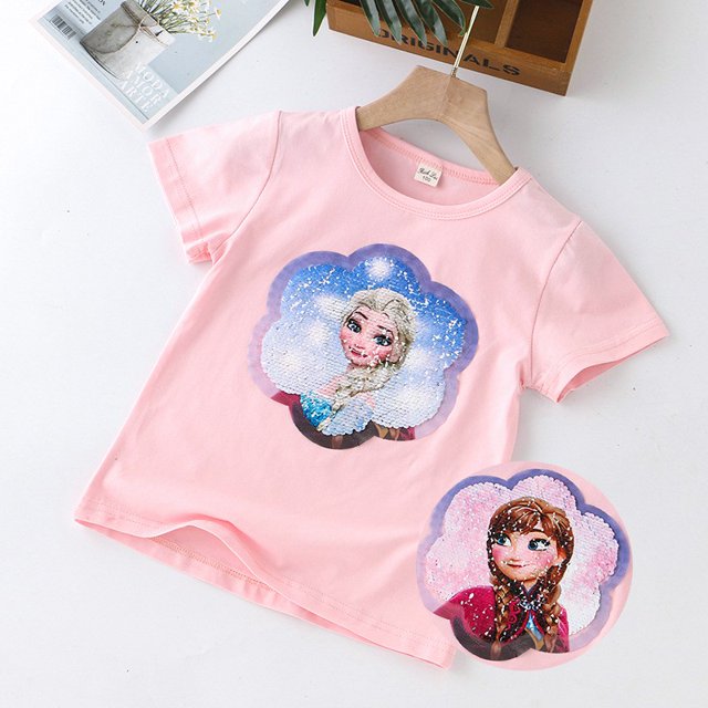 Camisetas para bebés y niñas, cambio de Color de la cara, decoloración mágica, unicornio, manga corta, algodón, lentejuelas, lentejuelas, camisetas de veranozhangyuxiangPink-elsa+100cm(1-2Years) zhangyuxiang unisex