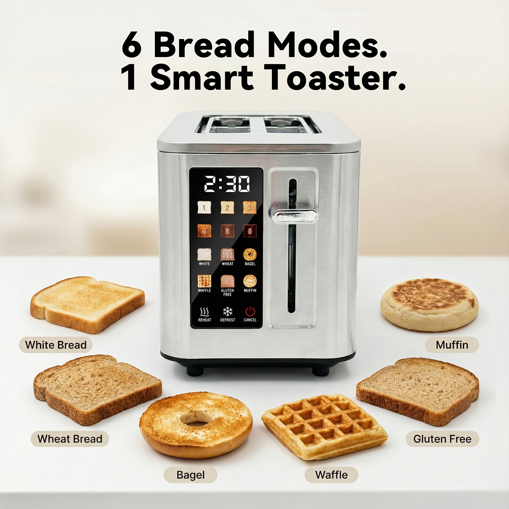 2-Slice Digital Touchscreen Toaster, 6 Bread Types & Toasting Levels, Widened Slots, Removable Crumb Tray, Compact & Easy-Clean
