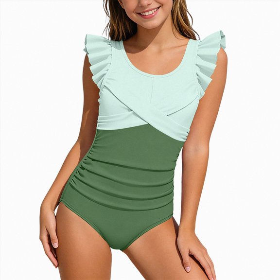 TAmten Girls' Swimwear Girls One Piece Leopard Print Swimsuits - Bathing Suit with Adjustable Straps Palm Tree Print Swimwear Green Size 7-8 Years