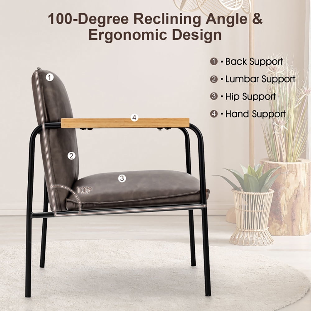 Finihen Upholstered Accent Armchair, PU Leather Accent Chair with Rubber Wood Armrests, for Living Room, Bedroom, Gray