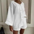thumbnail image 2 of Two Piece Linen Sets for Women Dressy Casual Outfits Long Sleeve Light Loose Button-up V Neck Shirt and Shorts Set,White,2XL, 2 of 5