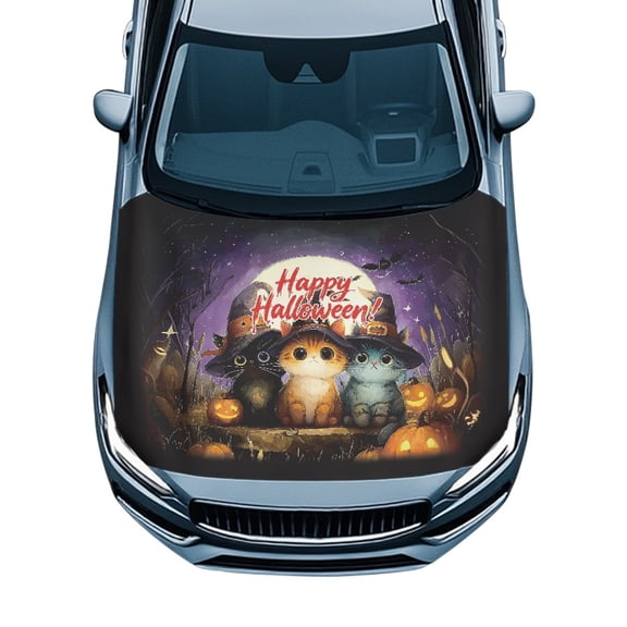 XYZCANDO Halloween Universal Car Hood Cover featuring Cute Witch Cats Pumpkins - Spooky Decor for Auto Exterior, Fits Most Trucks SUV Sedans