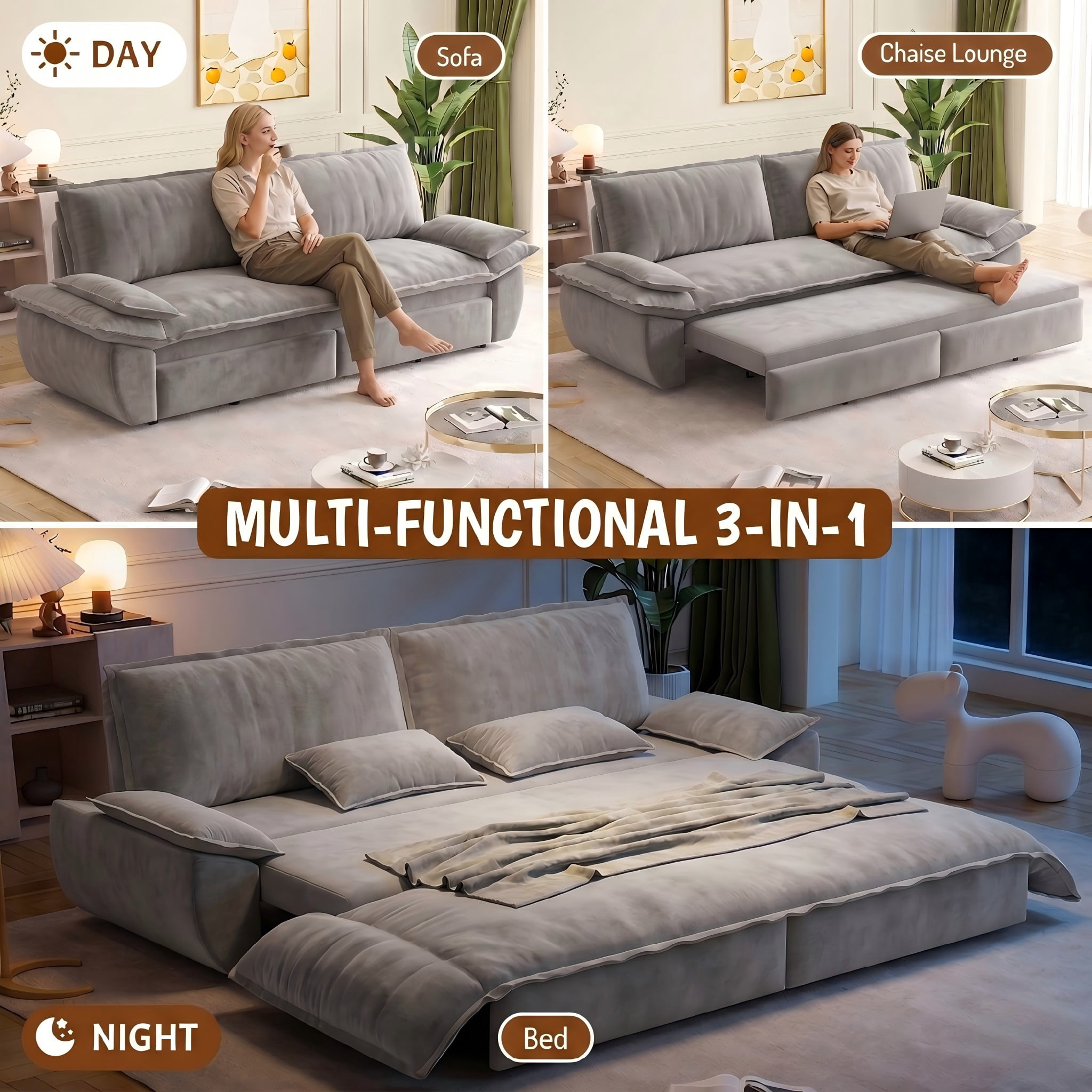 Multi-Functional Velvet 3-in-1 Convertible Sofa Bed, Queen Size Sleeper Loveseat with 2 Pillows, Light Gray