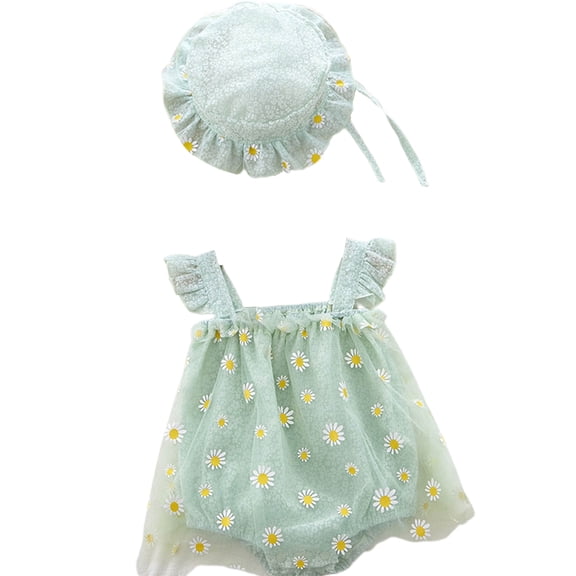 REDARER Girls Daisy Floral Romper Set, Mint Green Tulle Bodysuit with Matching Sun Hat,0-3 Months
