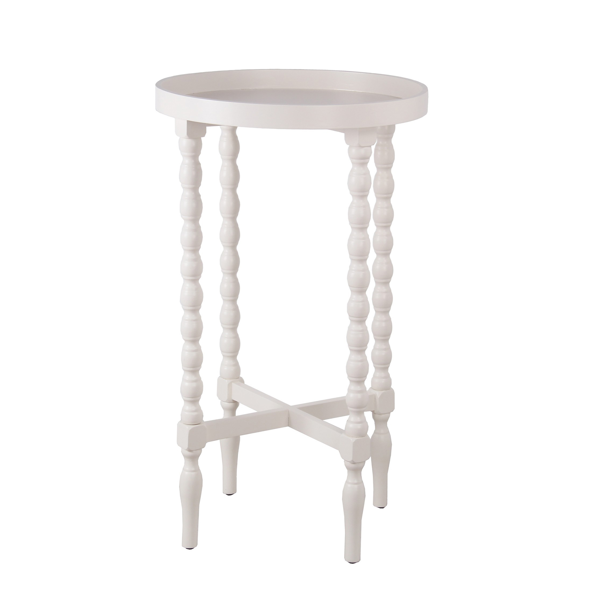 Wooden Round Accent Table with Tray Top and Beaded Turned Legs, White