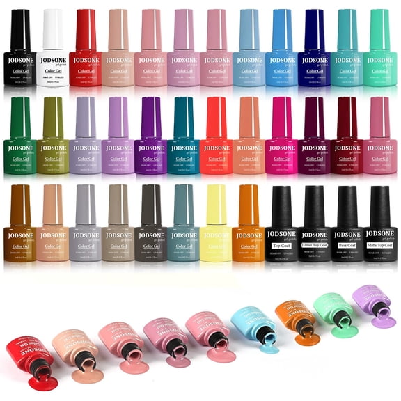 JODSONE 32 Colors Classic Gel Nail Polish Set, Same Color Same Bottle Display, 36 PCS with Base Top Matte Glitter Coat, Professional Salon Manicure Gifts
