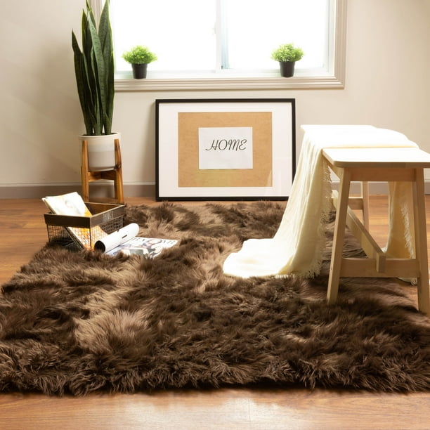 Ultra Soft Faux Sheepskin Fur Shag Rug Dark Brown 2' x 3'