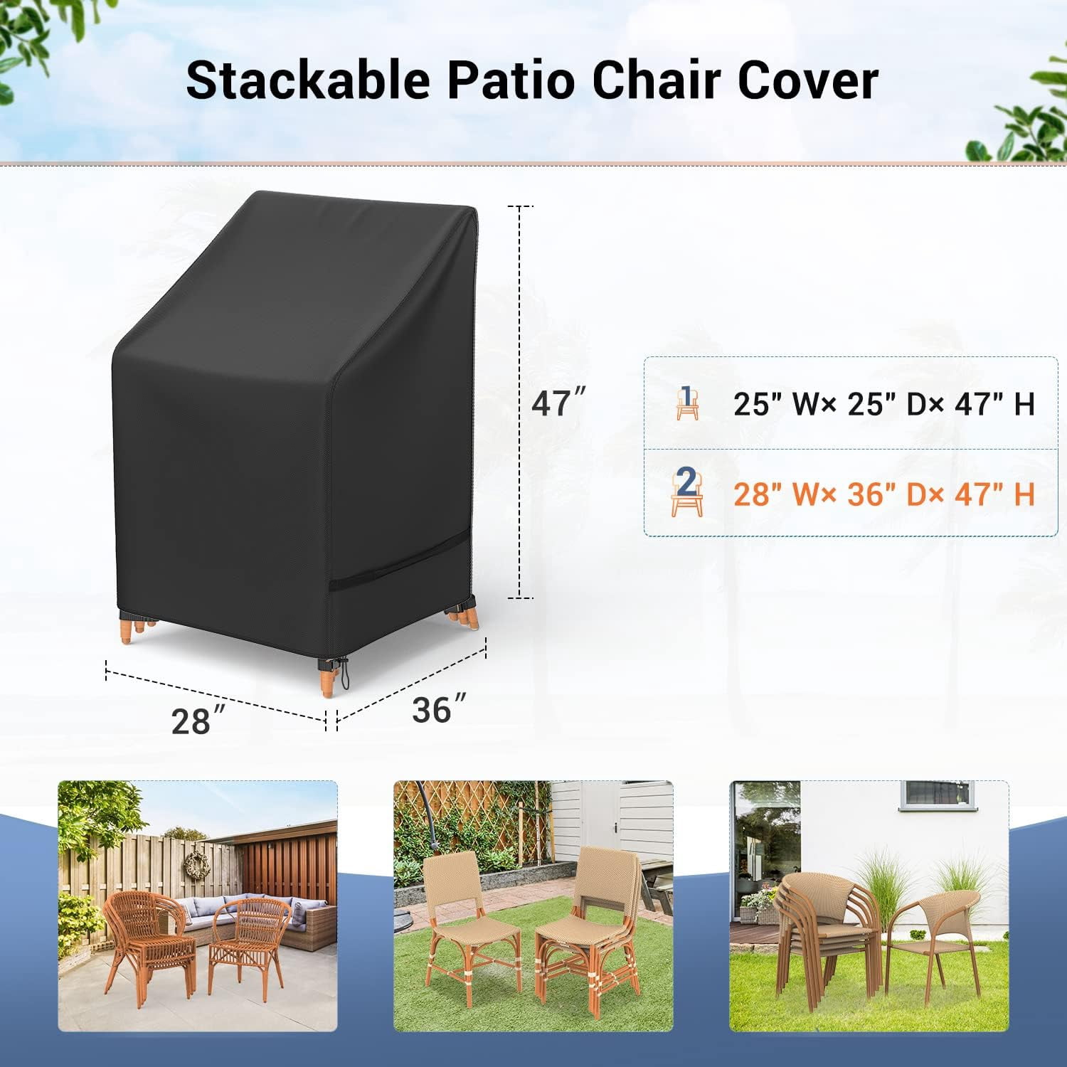 Patio Chair Covers, Outdoor Stackable Chair Covers Waterproof, Heavy Duty Patio Furniture Covers Fits for 4-6 Stackable Dining Chairs, 28" W× 36" D× 47" H, Black