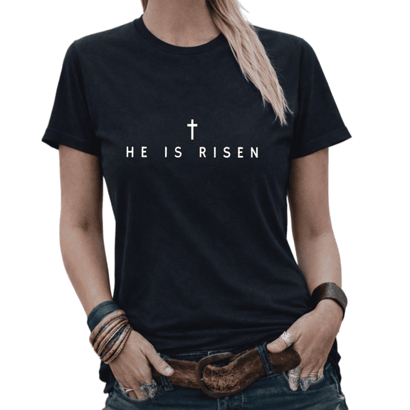 Casual Boho He Is Risen Cross Christian Easter Graphic Tees Womans Tshirt Black S-5XL Tops