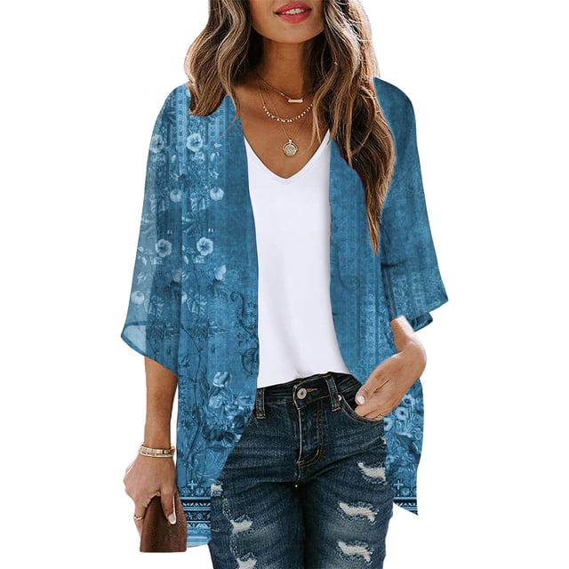 Puntoco Abrigo Cárdigan De Manga Abullonada Con Estampado Floral Para Mujer Blusa Suelta De Gasa Para Cubrir Blusas Informales Liquidación Puntoco Puntoco-1