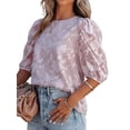 thumbnail image 4 of Gzhioc Women's Summer Casual T-shirt Tops Half Puff Sleeve Round Neck Loose Floral Blouse,S-2XL, 4 of 6