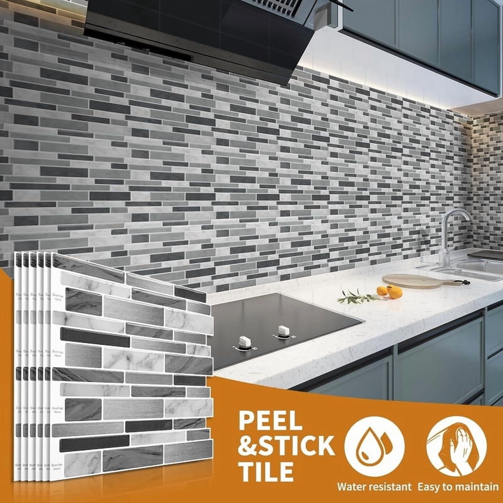 Easy4Home 10Pcs 3D Peel and Stick Backsplash 12"x12" Self-Adhesive Wall Tile for Kitchen Bathroom, Marble Gray