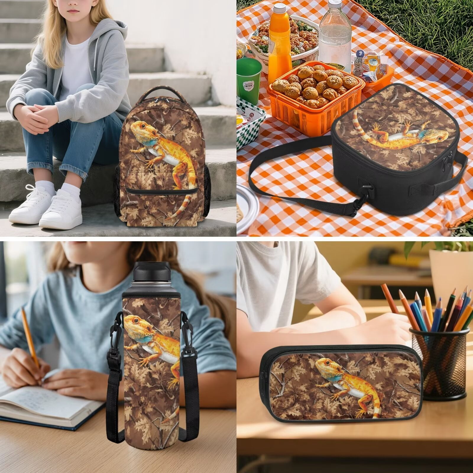 Pzuqiu Dragon Print Kids Backpack and Lunch Box Set of 5 Large Capacity Lightweight Backpack Set with Pencil Case for Girls Boys Daily School Use Travel Outdoor Activities