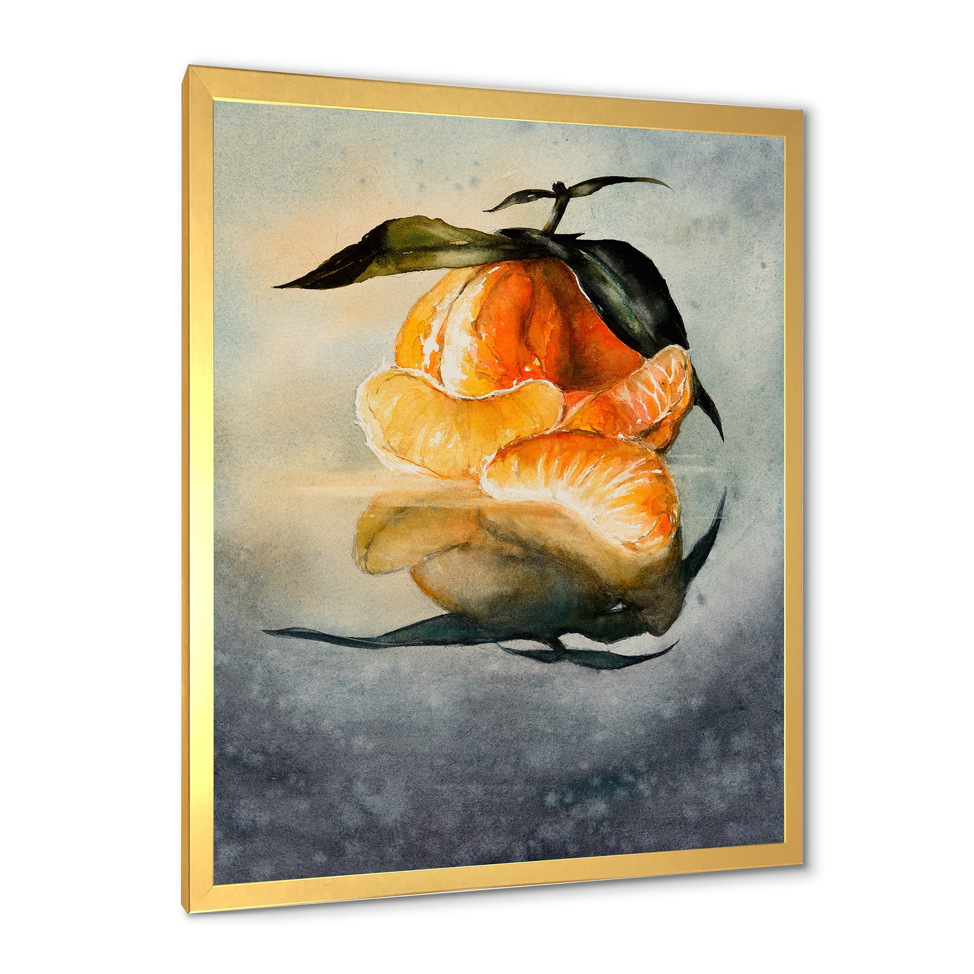 Designart 'One Peeled Fresh Orange Mandarin Under Green Leaves' Traditional Framed Art Print