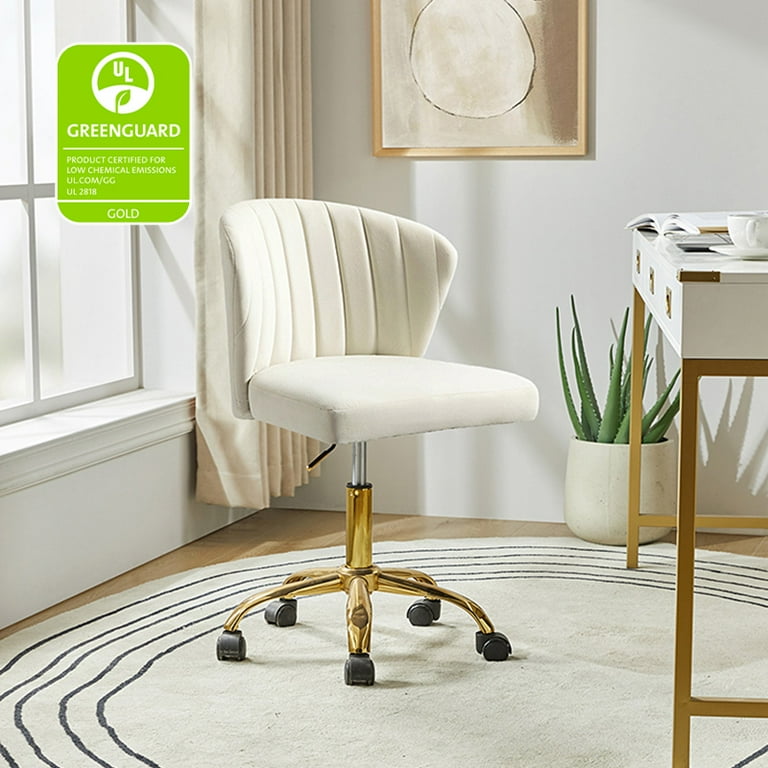 Velvet Desk Chair Adjustable Task Makeup Vanity Chair Gold Leg Tufted Back Teens Bedroom Ivory