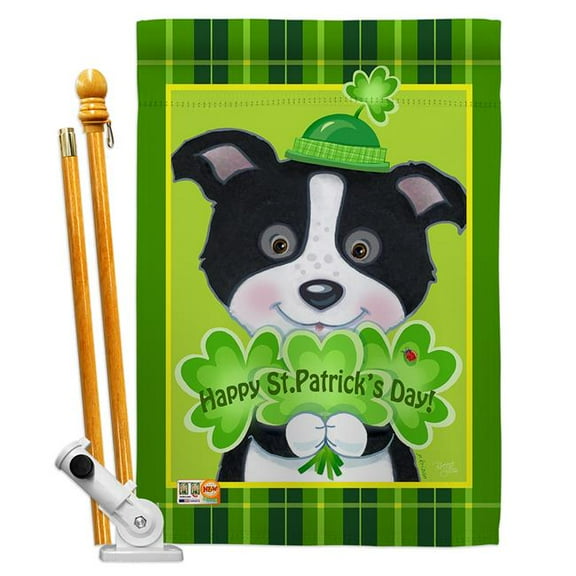 Breeze Decor BD-SA-HS-102029-IP-BO-D-US12-AM 28 x 40 in. Vertical St. Pats Puppy Spring St Patrick Impressions Decorative Double Sided House Flag Set with Pole & Bracket Hardware