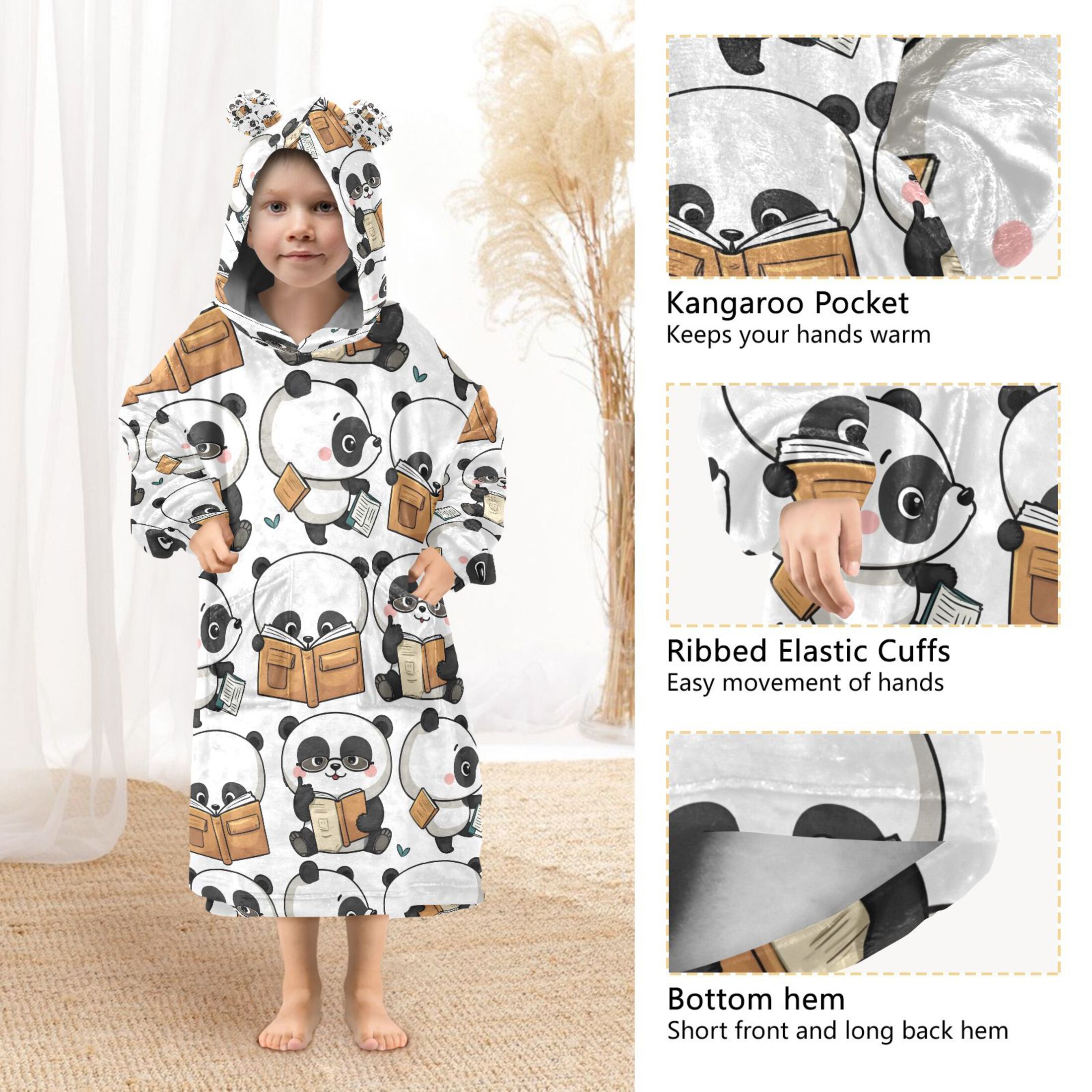 joogoo Blanket Hoodie for Cute Pandas Reading Oversize Sweatshirt 3-14 YR L