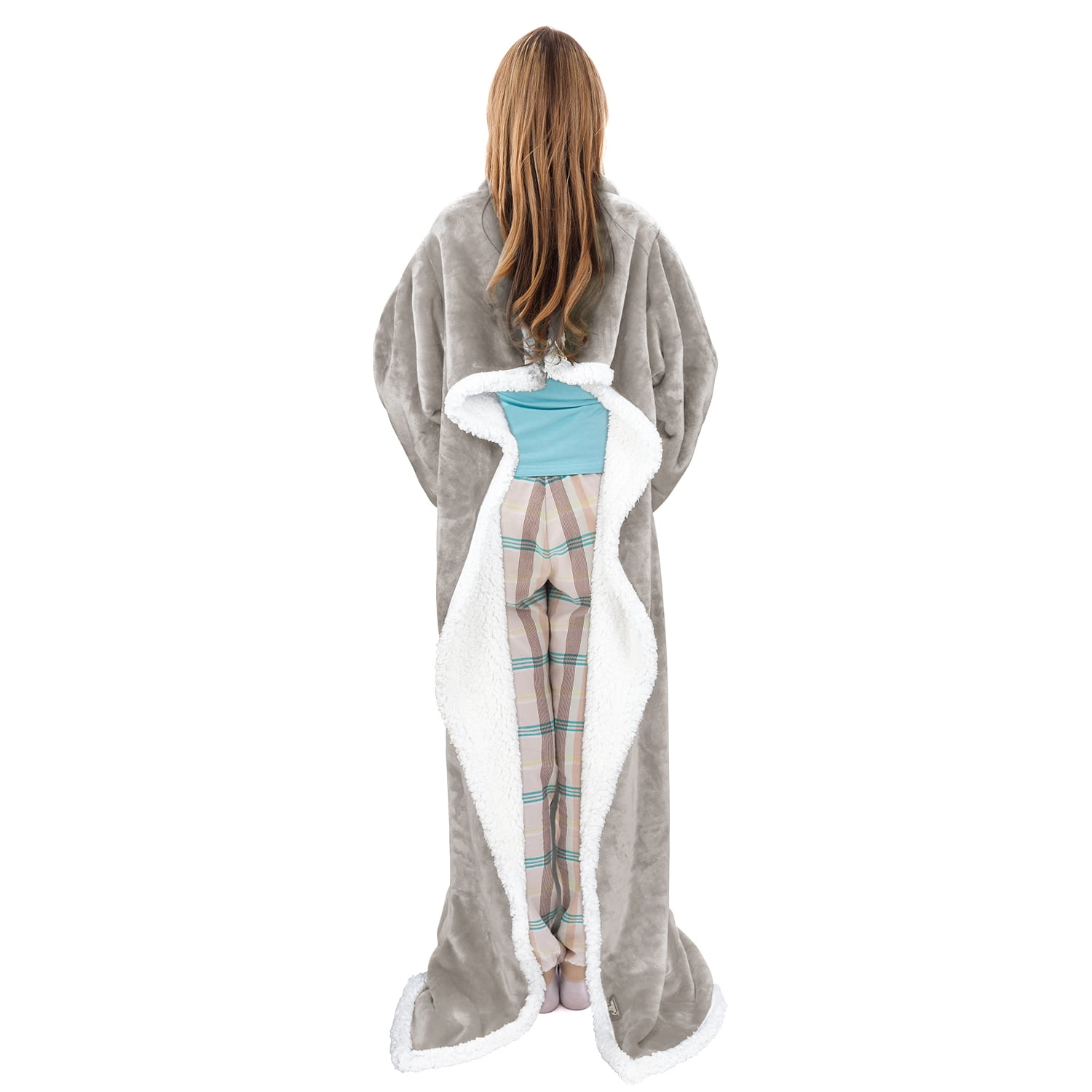 Catalonia Sherpa Wearable Blanket with Sleeves & Foot Pockets for Adult Women Men, Comfy Snuggle Wrap Sleeved Throw Blanket Robe, Gift Idea, Camel, 75" x 53"