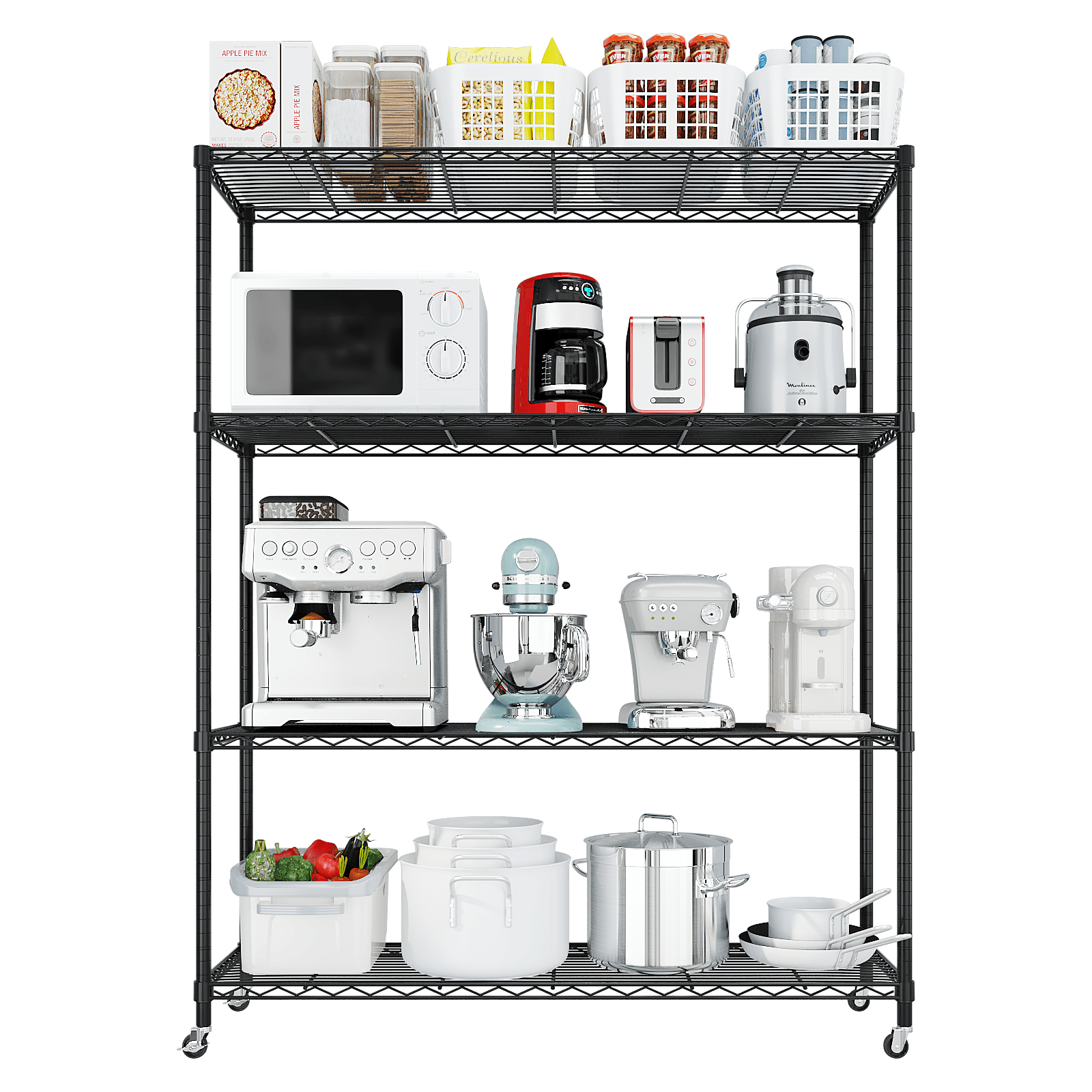 Ktaxon 4 Tier Wire Shelving with Wheels, 46"W x 17.7"D x 65"H Multifunctional Storage Rack Metal Garage Shelves Organizer, Capacity for 800lbs, Black