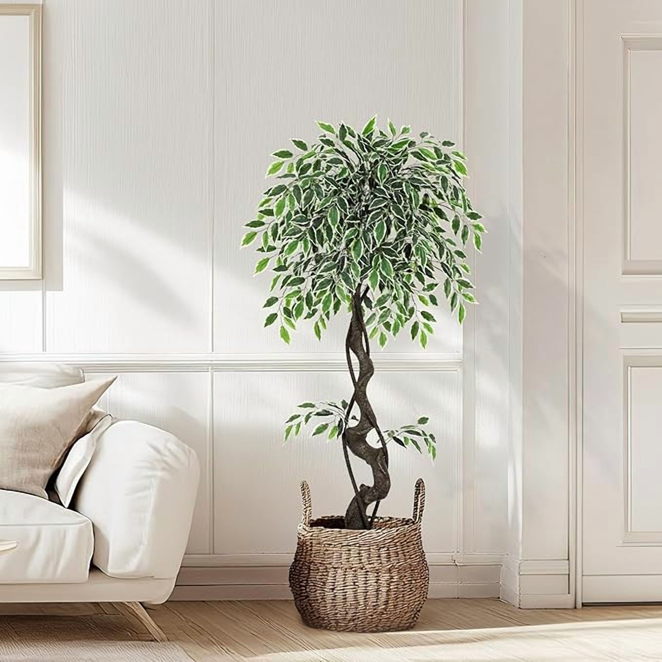 6FT Artificial Tree Ficus, Tall Faux Trees Indoor with Natural Trunk and Fake Silk Tree Fake Plants for Home Spring Decor Living Room Outdoor Balcony House Office (Included Dried Moss Pebbles)