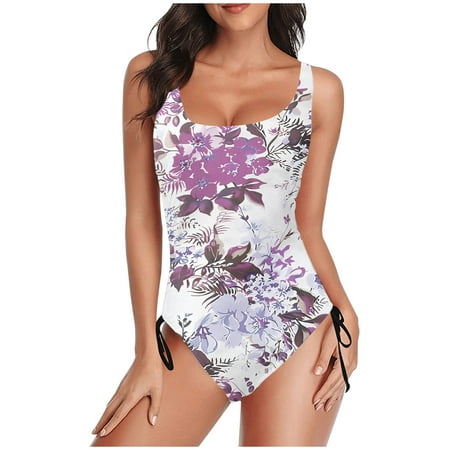 TrendVibe365 Swimsuits for Women One Piece Purple Bathing Suits Thong Adjustable Shoulder Strap Floral Swimwear Beachwear M