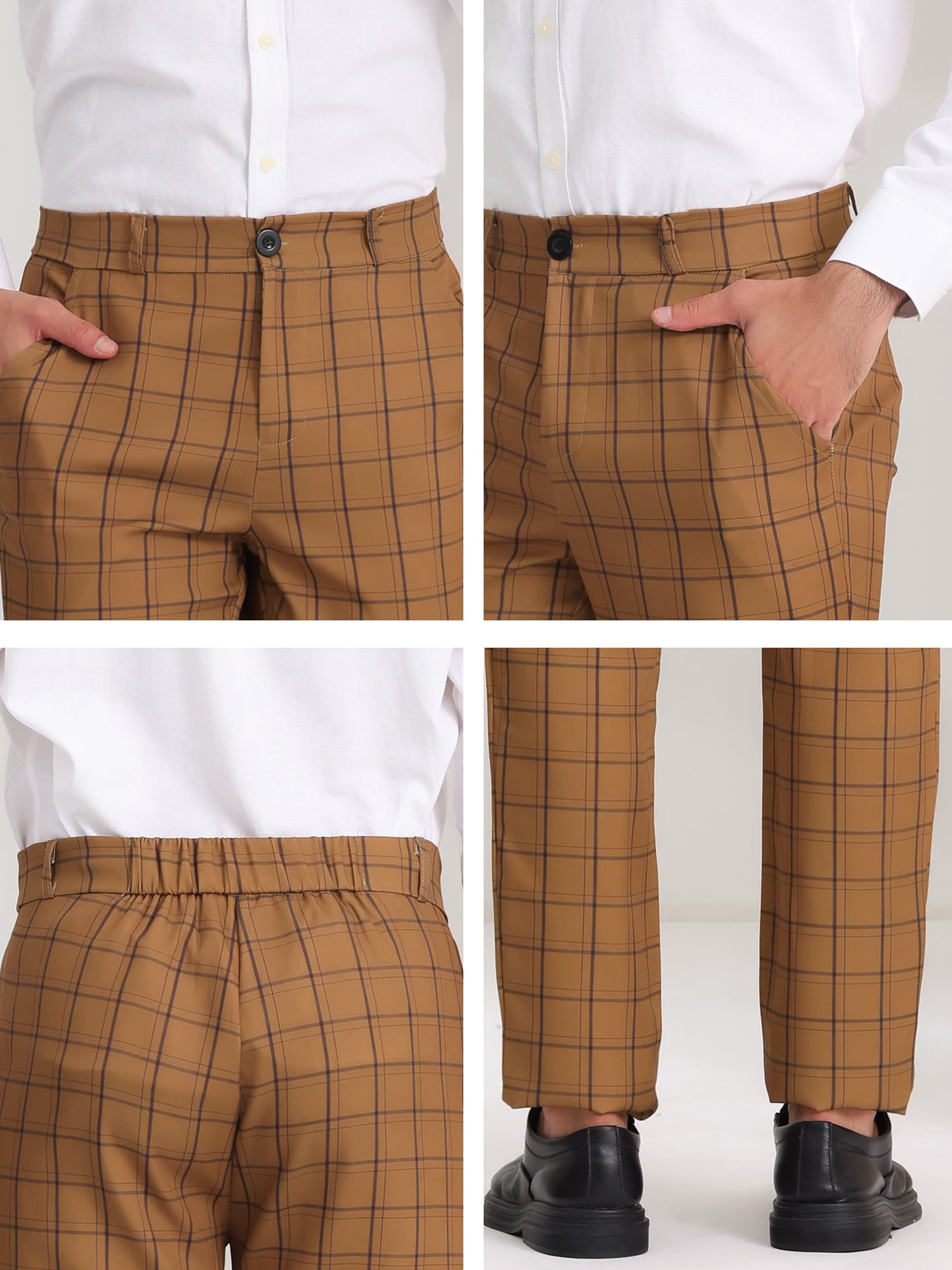 Unique Bargains Men's Dress Pants Slim Fit Checked Flat Front Business Plaid Formal Pants 30 Brown Black