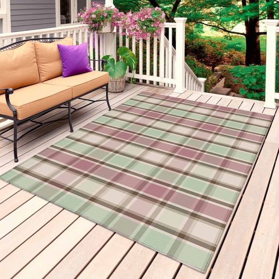 Buffalo Plaid Outdoor Rug for Patio/Deck/Porch, Non-Slip Large Area Rug 5 x 7 Ft, Farmhouse Red Green Beige Check Gingham Indoor Outdoor Rugs Washable Area Rugs, Reversible Camping Rug Carpet Runner