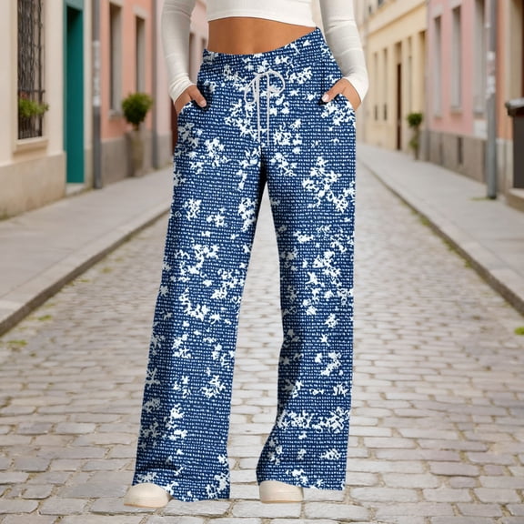 Maqroz Wide Leg Pants Women Plus Size Adjustable Elastic High Waisted Summer Floral Print Loose Flowy Lounge Trousers with Pockets Casual Baggy Beach Pants Outdoor Palazzo Slacks Navy S
