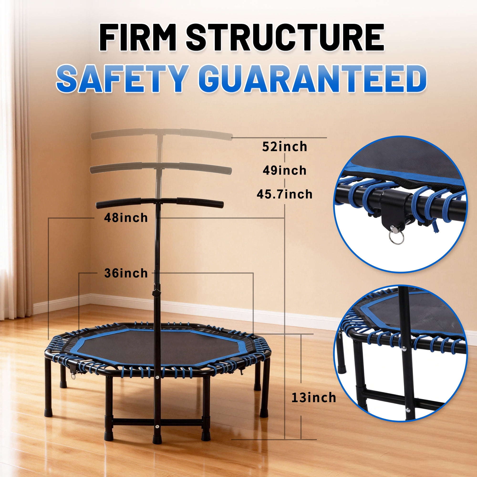 48 Inch Foldable Fitness Trampoline with 3-Level Adjustable Handlebar, Quiet Bungee Rebounder, Max 450lbs Load for Home & Gym Cardio Workout